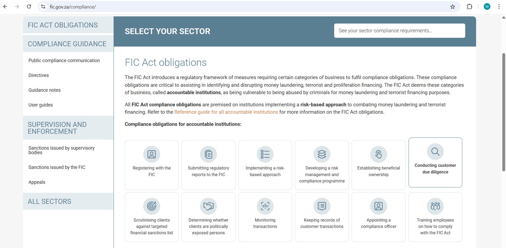 Financial Intelligence Centre webpage showing FIC Act compliance obligations for accountable institutions