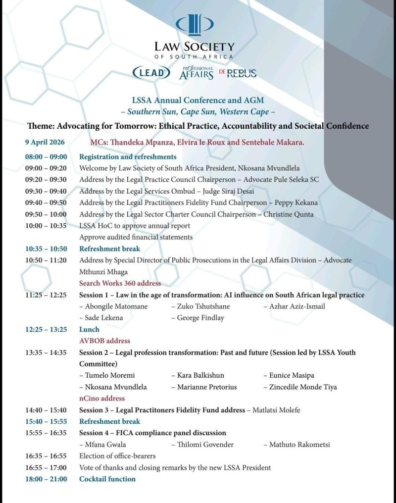 Law Society of South Africa Annual Conference and AGM programme showing the FICA compliance panel discussion