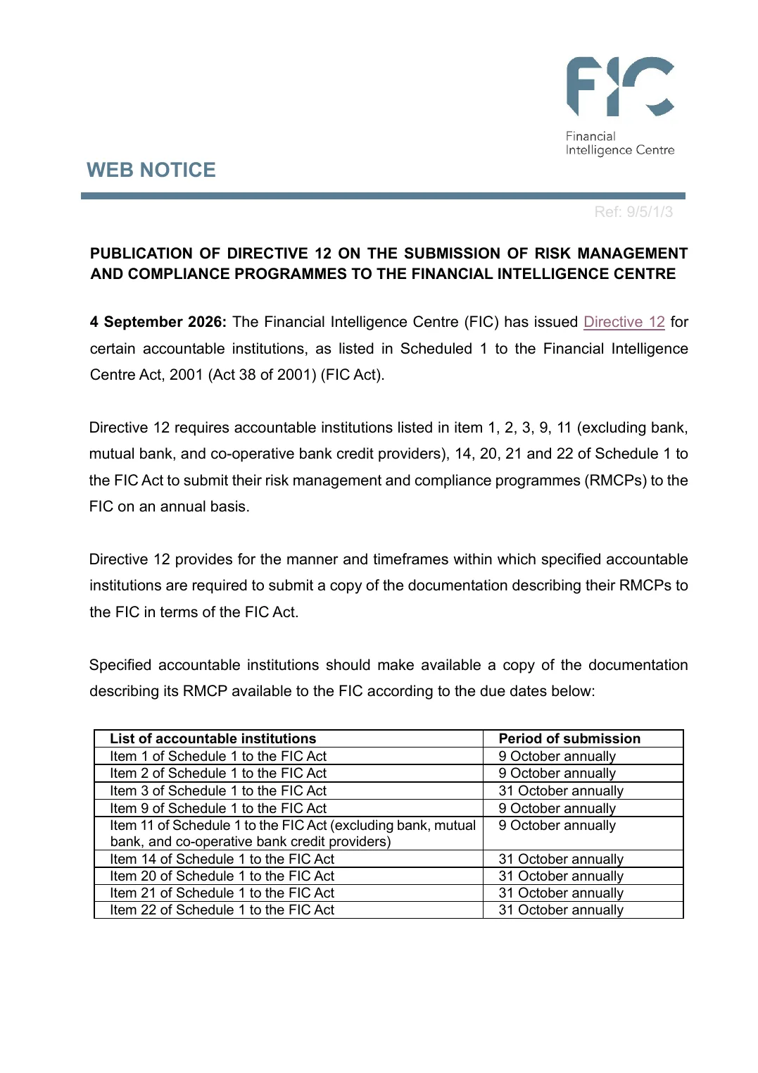 First page of the FIC Directive 12 web notice